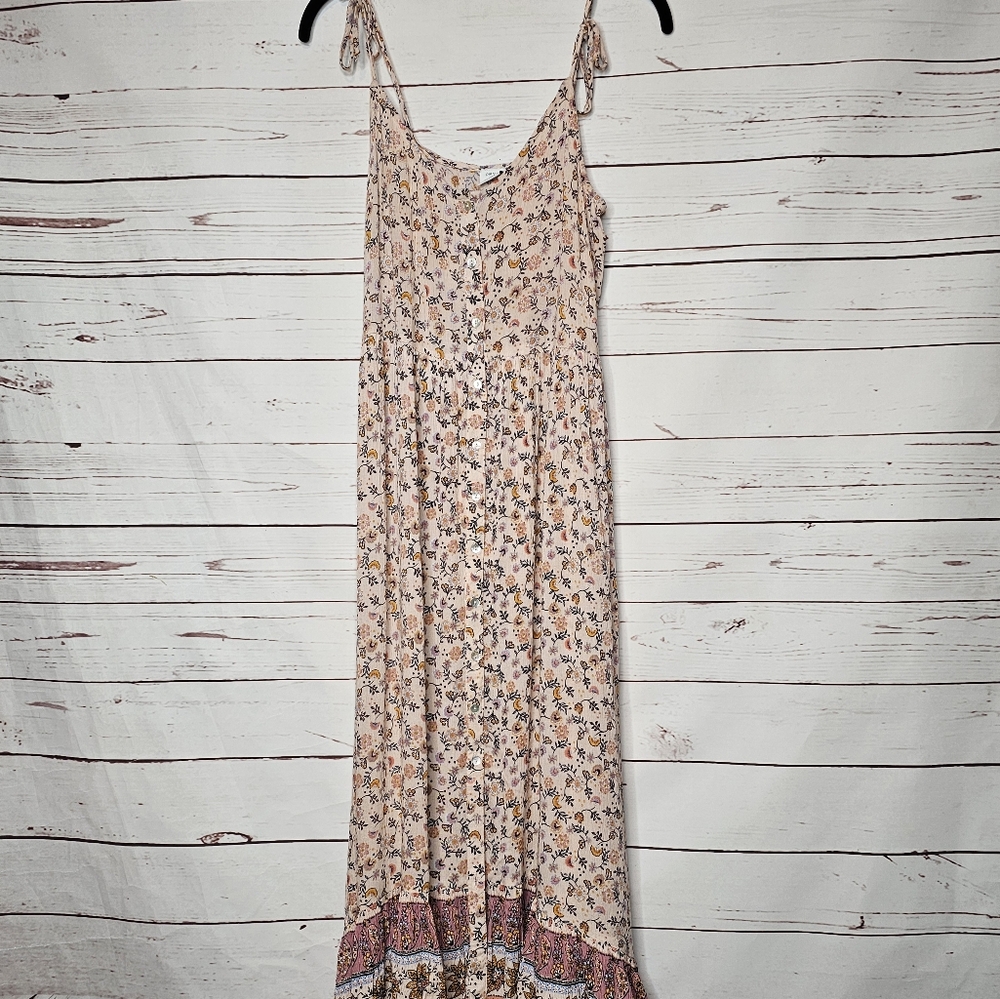 Patrons of Peace Tan Floral Tie Shoulder Maxi Dress